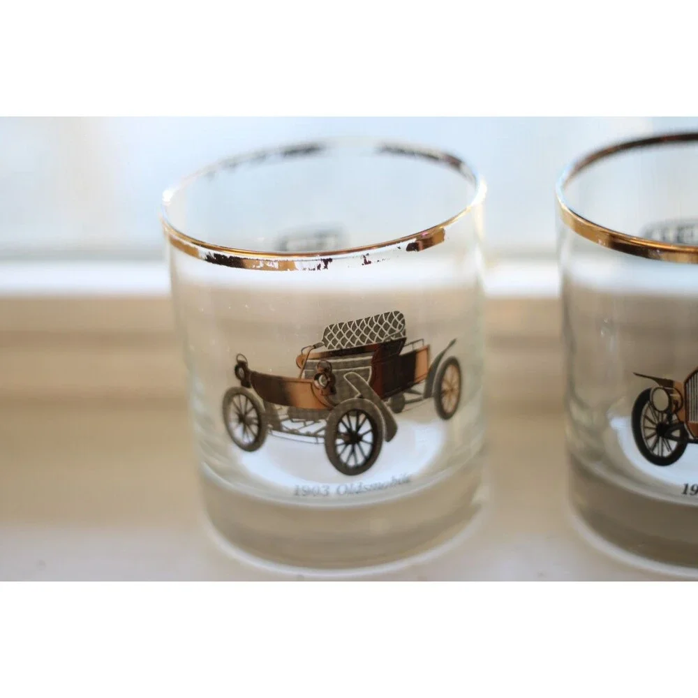 2 Classic Car Cocktail Gold Rimmed Glasses 1903 Oldsmobile 1907 Pierce Arrow GTE